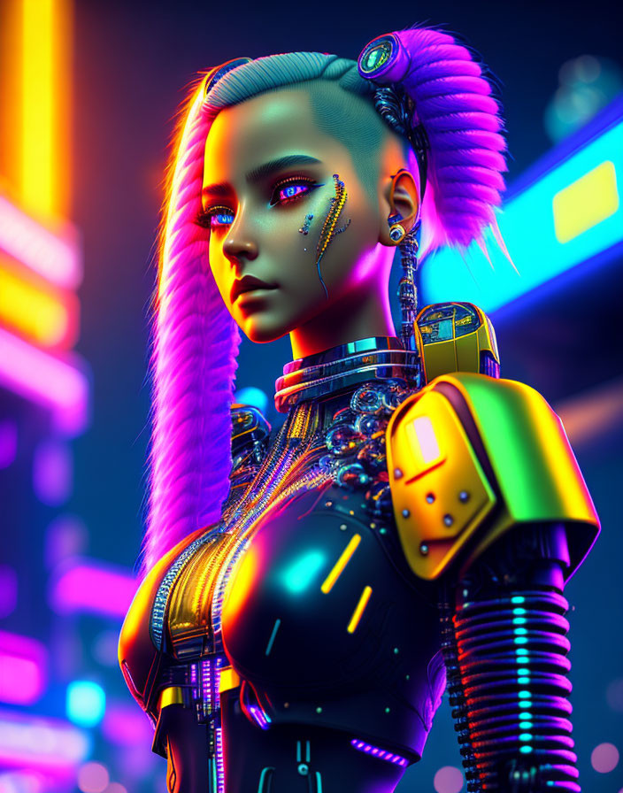 Neon-lit hair cyborg in urban setting with vibrant hues