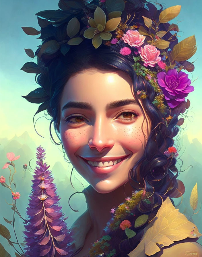 Smiling woman with floral wreath in nature with flowers, leaves, and bird