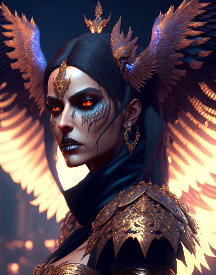 Digital Artwork: Woman with Glowing Orange Wings and Gold Headpiece