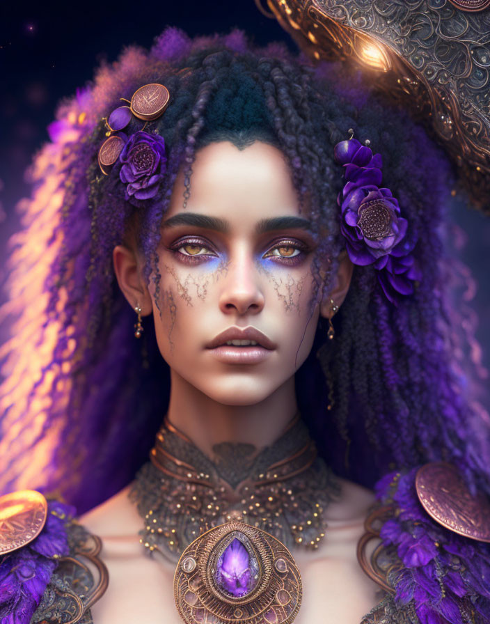 Digital portrait of woman with purple hair, gold coins, flowers, intricate jewelry, and mystical gem necklace