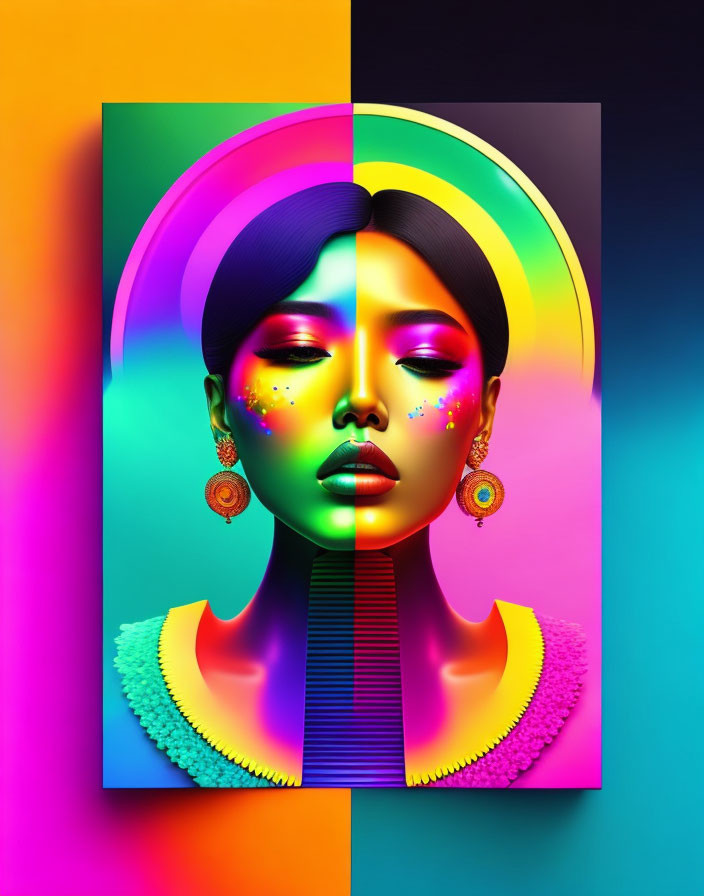 Colorful digital art: Woman with neon palette, rainbow halo, striking makeup on pink and yellow background