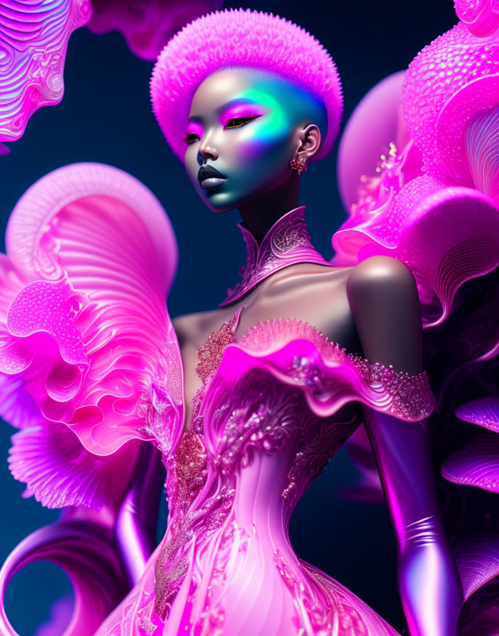 Digital artwork of model in vibrant pink details on blue background with futuristic fashion & stylized floral motifs