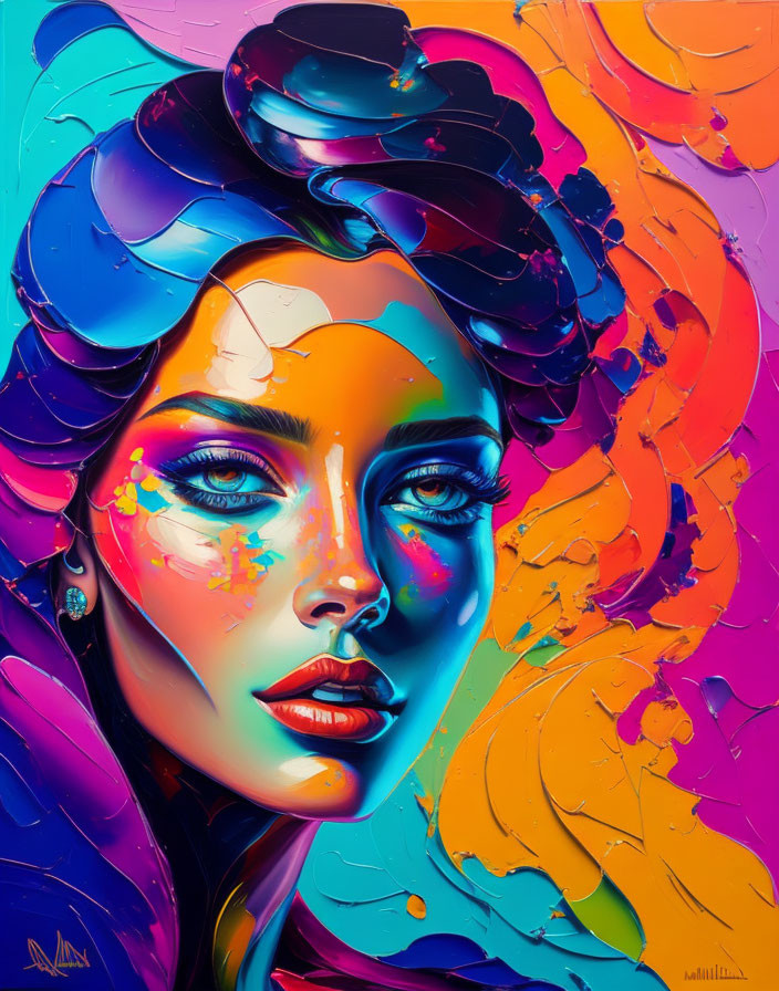 Colorful portrait of a woman with rainbow hues in hair and on face