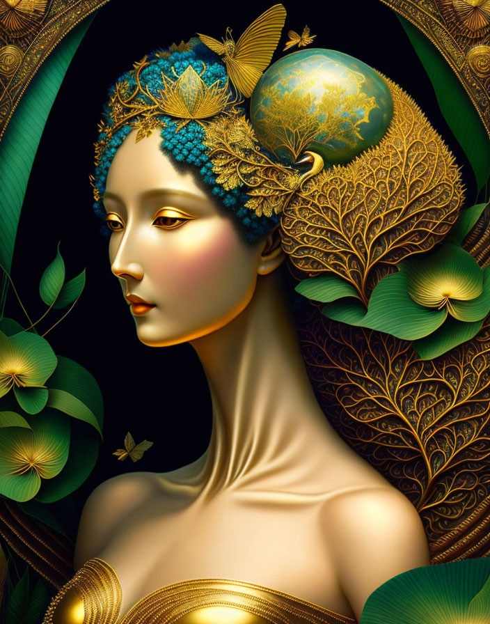 Portrait of a woman with golden botanical motifs and earth element, featuring vibrant blue-green hues.