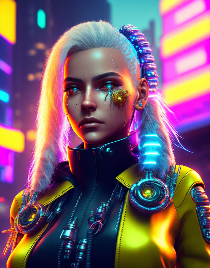 Cybernetic female figure with mechanical eyes in futuristic urban setting