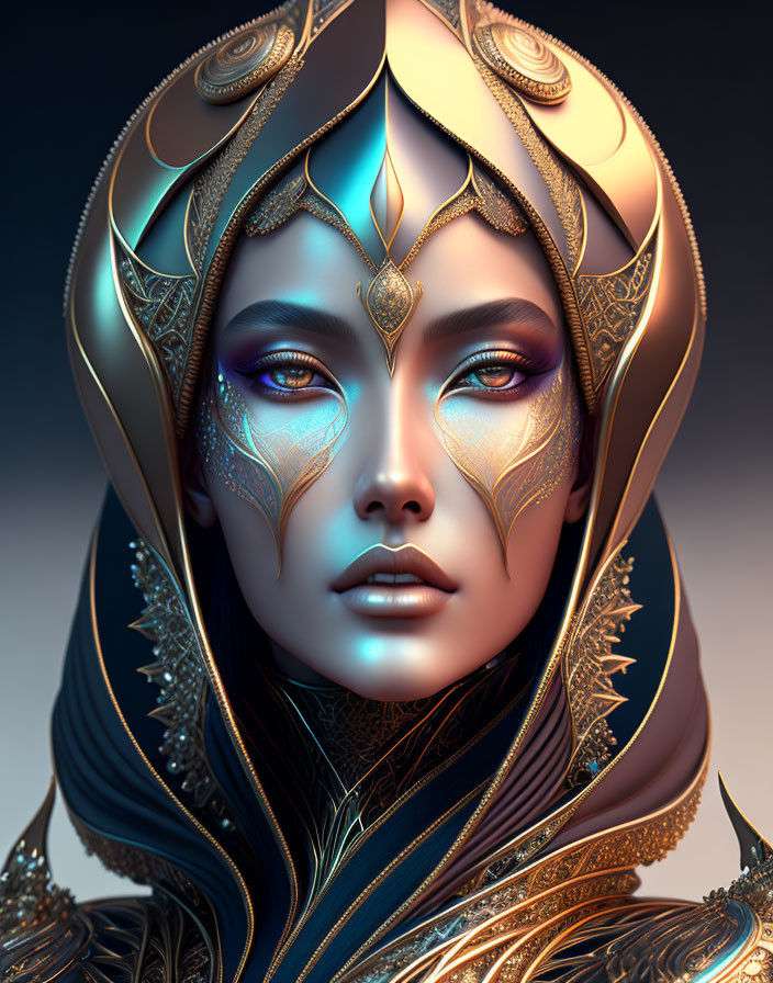 Intricate gold and blue headgear on woman in digital portrait