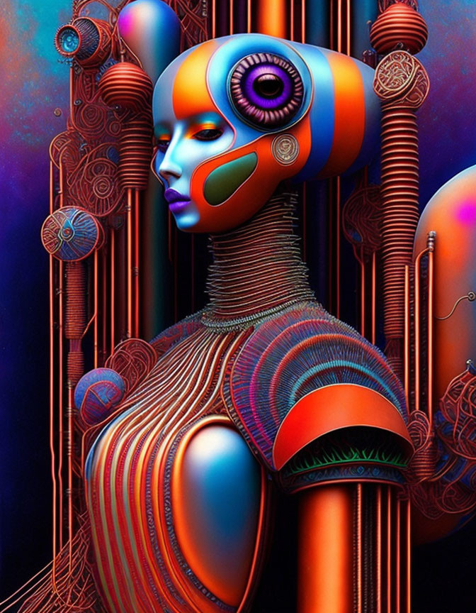 Vibrant digital artwork: stylized humanoid in futuristic, abstract design