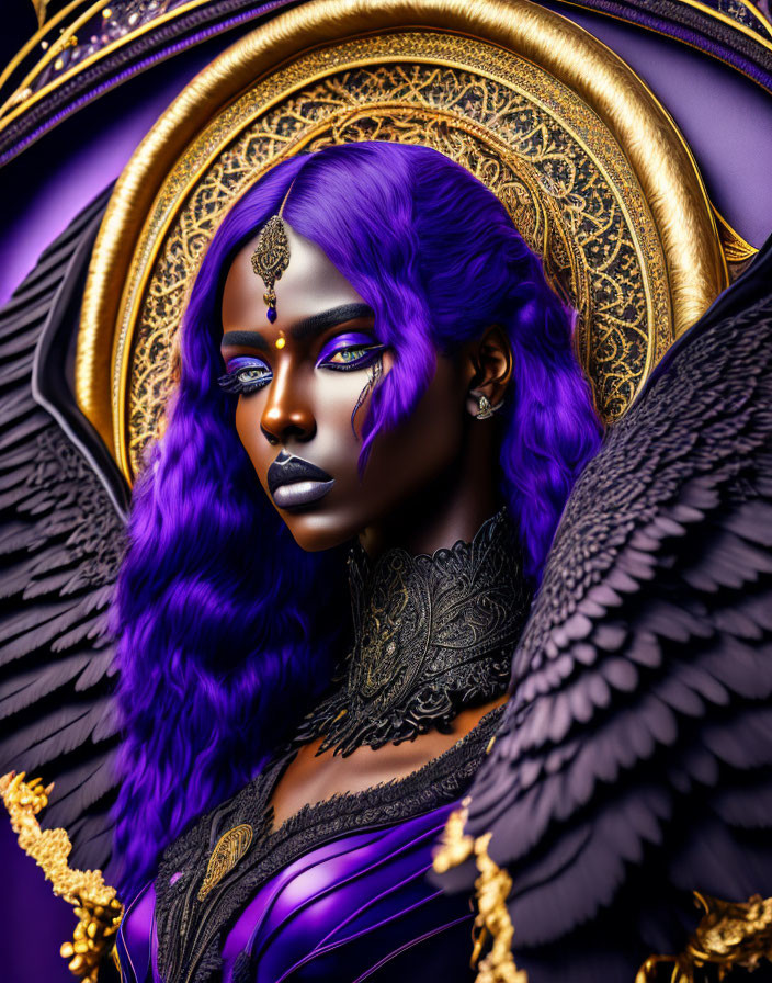 Purple-skinned woman with vibrant hair, golden accessories, and black wings.