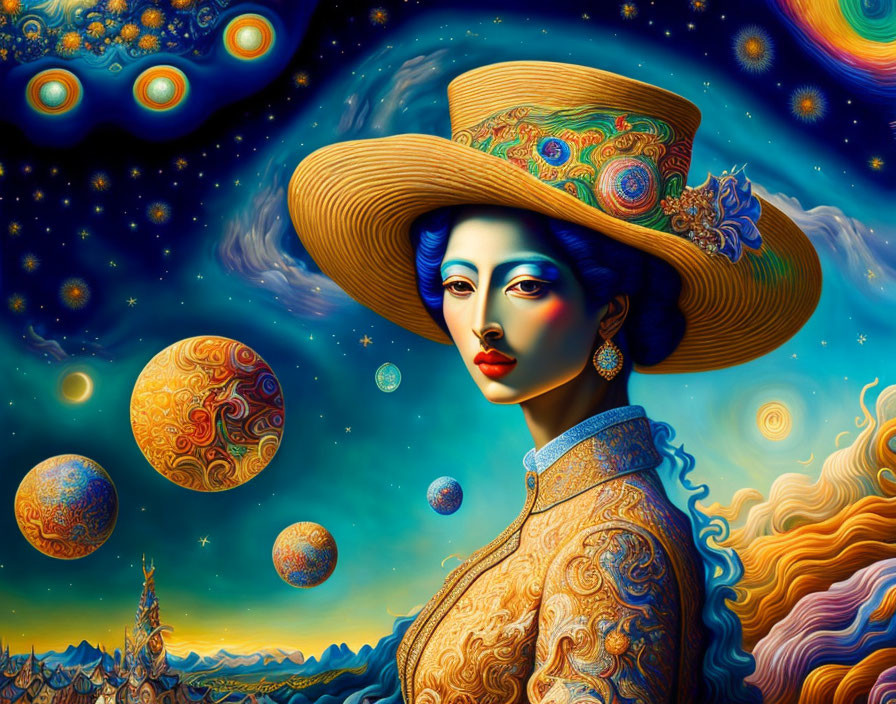 Colorful portrait of a woman in wide-brimmed hat amidst cosmic scenery