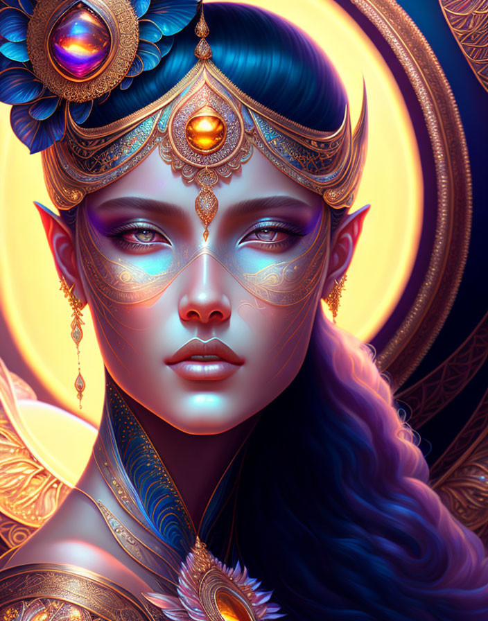 Fantasy digital portrait of a blue-skinned female with golden headpieces and facial tattoos