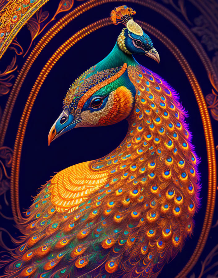 Colorful Peacock Digital Artwork with Intricate Patterns on Dark Background