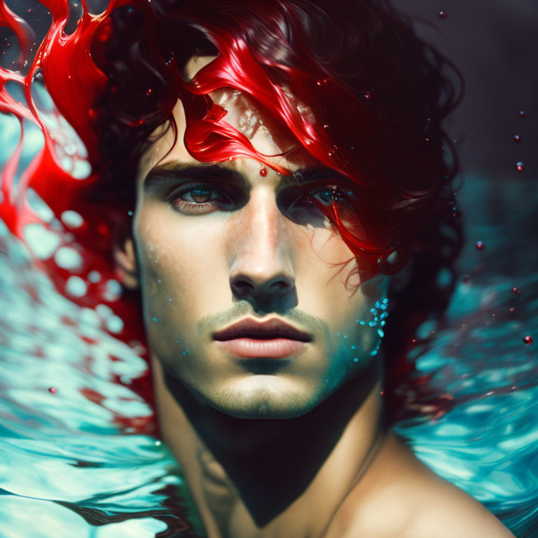 Vibrant digital portrait with red hair, blue skin, and mystical water elements.