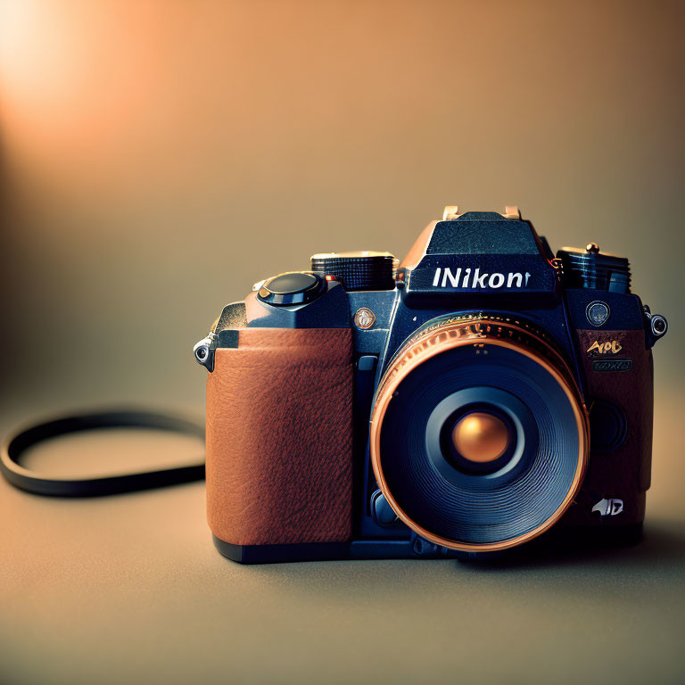 Vintage Nikon Camera with Brown Leather Grip and Large Lens Displayed on Neutral Background