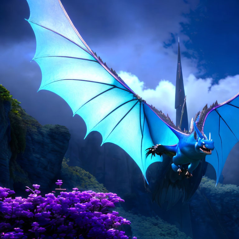 Blue dragon flying over purple flowers and rocky terrain under serene sky