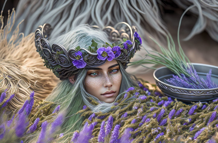 Fantasy image of character with silver hair, floral crown, glittery makeup, lavender, and wheat