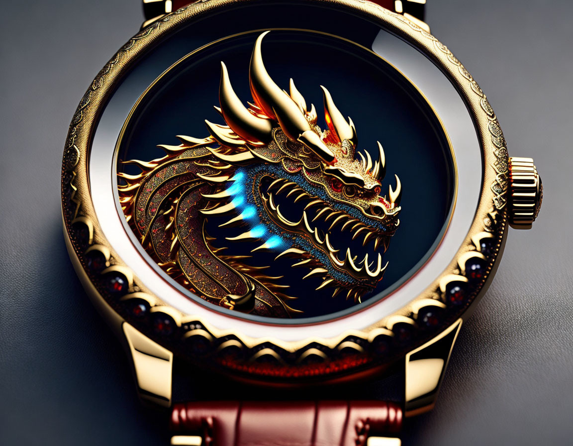 Golden Dragon Design Luxury Watch with Red and Blue Accents