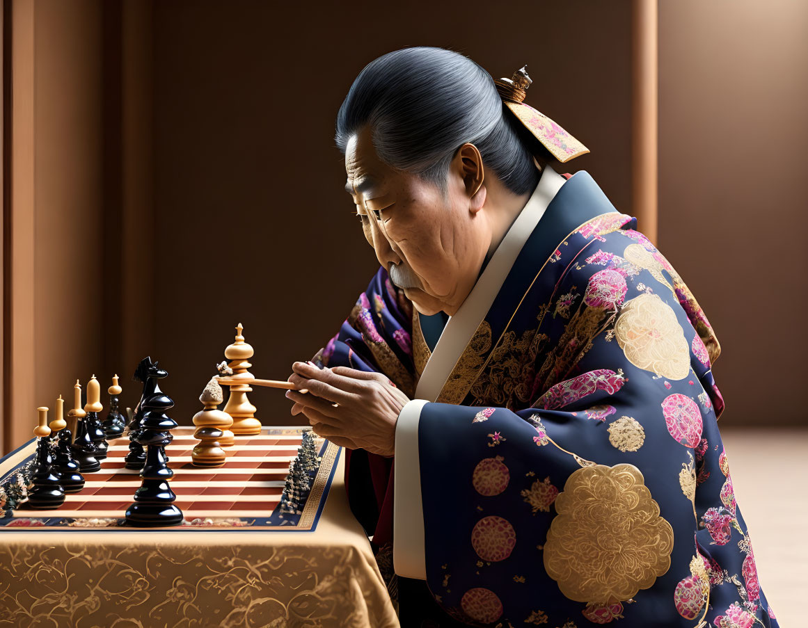 Traditional attire person contemplates chess move blending culture and strategy