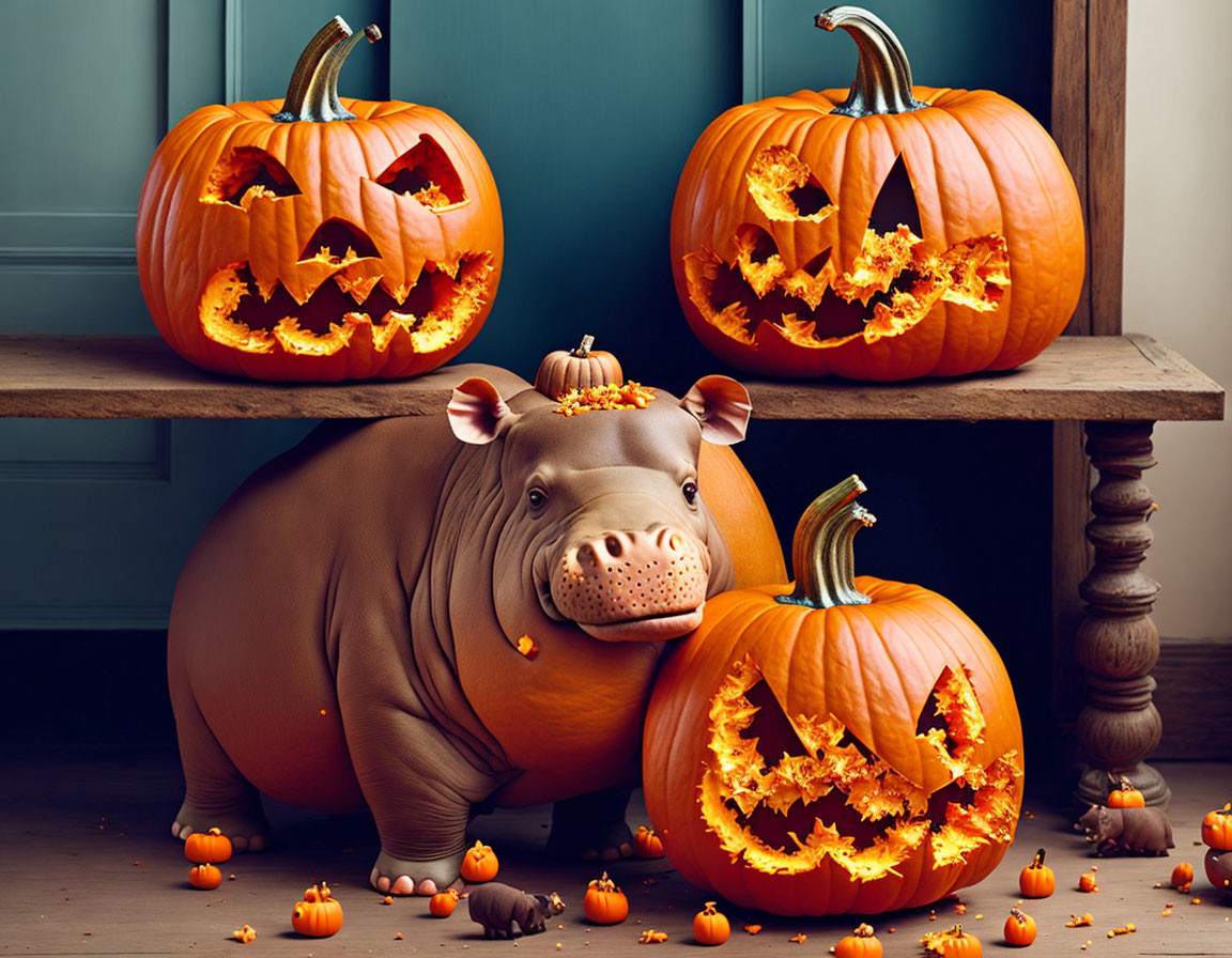 Baby hippo with pumpkin top hat and jack-o'-lanterns on wooden steps - Halloween theme