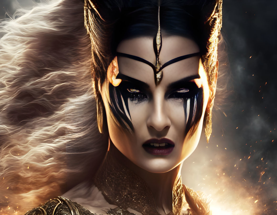 Fantasy portrait of woman with dramatic makeup and headdress in regal setting