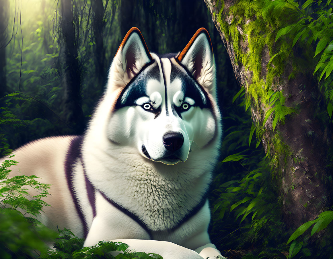 Digital Art: Husky with Blue Eyes in Green Forest with Sunbeams