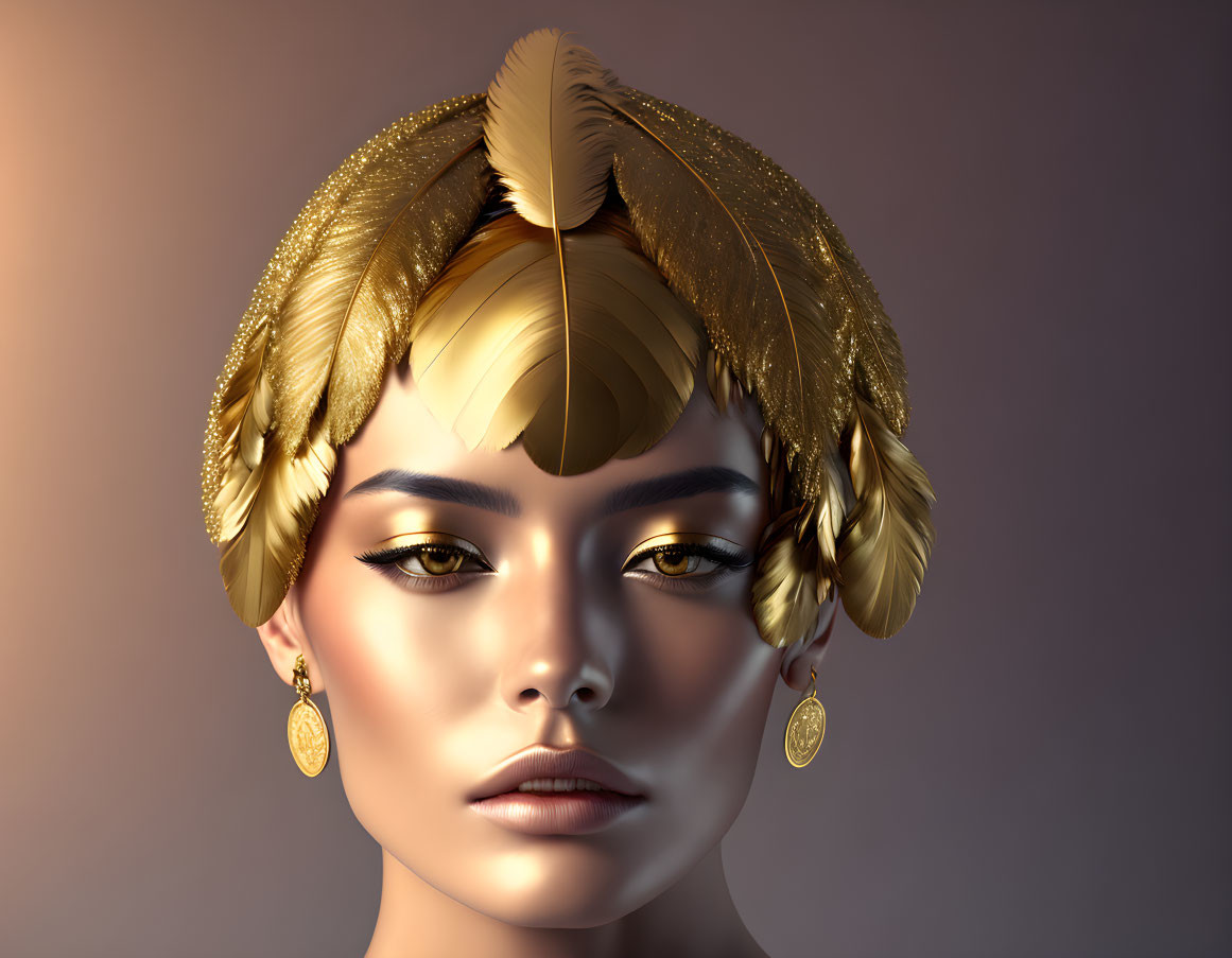 Female 3D-rendered figure with gold feathered headpiece and dramatic makeup