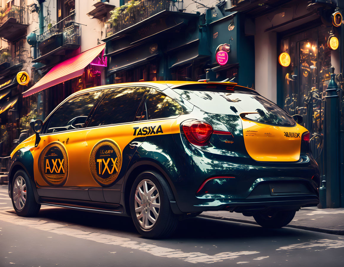 Yellow and Black Taxi on Busy City Street with Shops and Lights