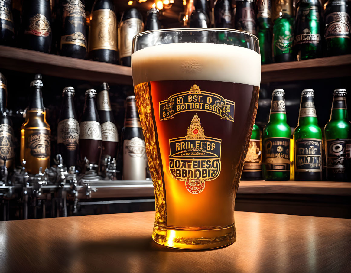 Beer glass with frothy head on wooden bar surrounded by assorted bottles