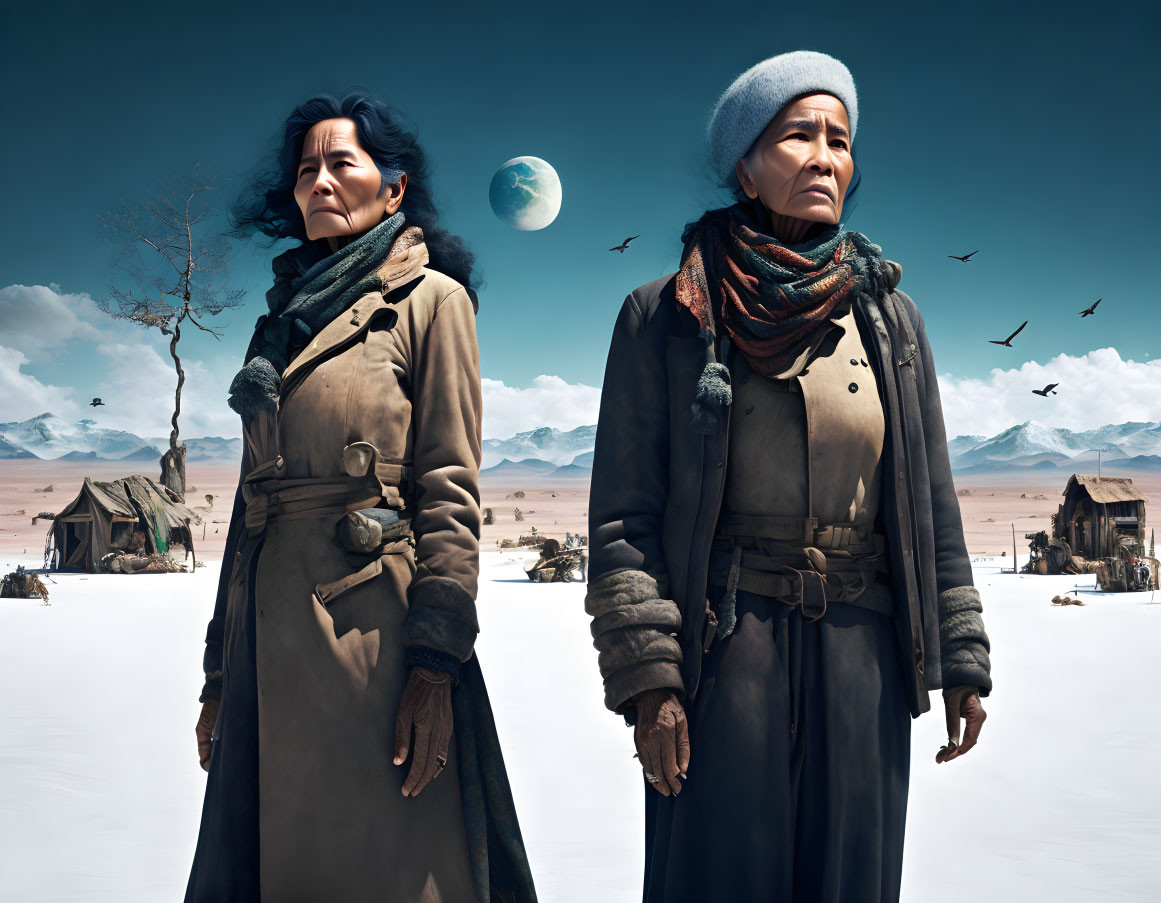 Two women in warm clothing in desert setting with structures, birds, and large moon.