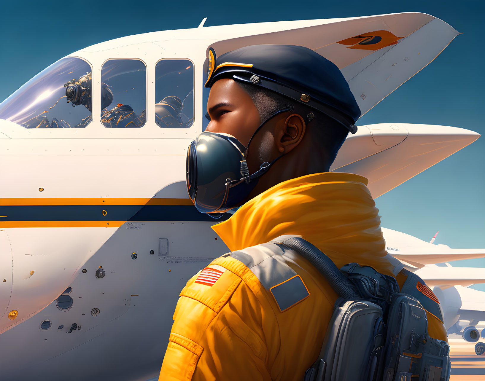 Yellow Flight Suit Pilot with Small White Aircraft under Sun