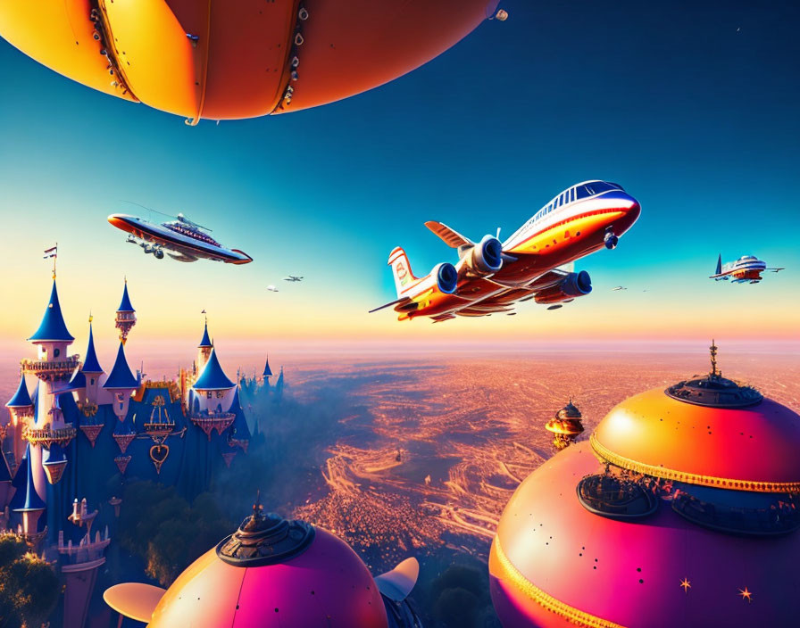 Colorful futuristic cityscape with flying vehicles and castle-like buildings at sunset