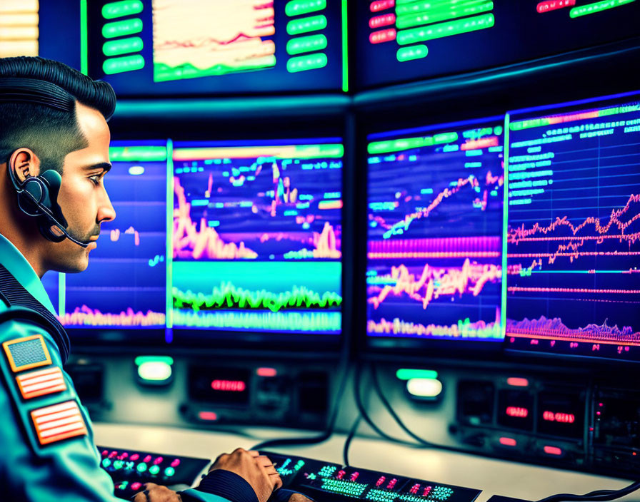 Financial Trader Analyzing Multiple Charts in Control Room