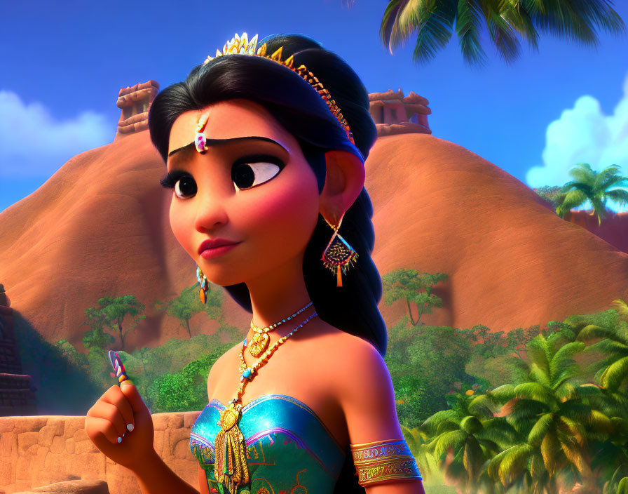 Young princess in animated scene with jewel tiara and tropical ruins.