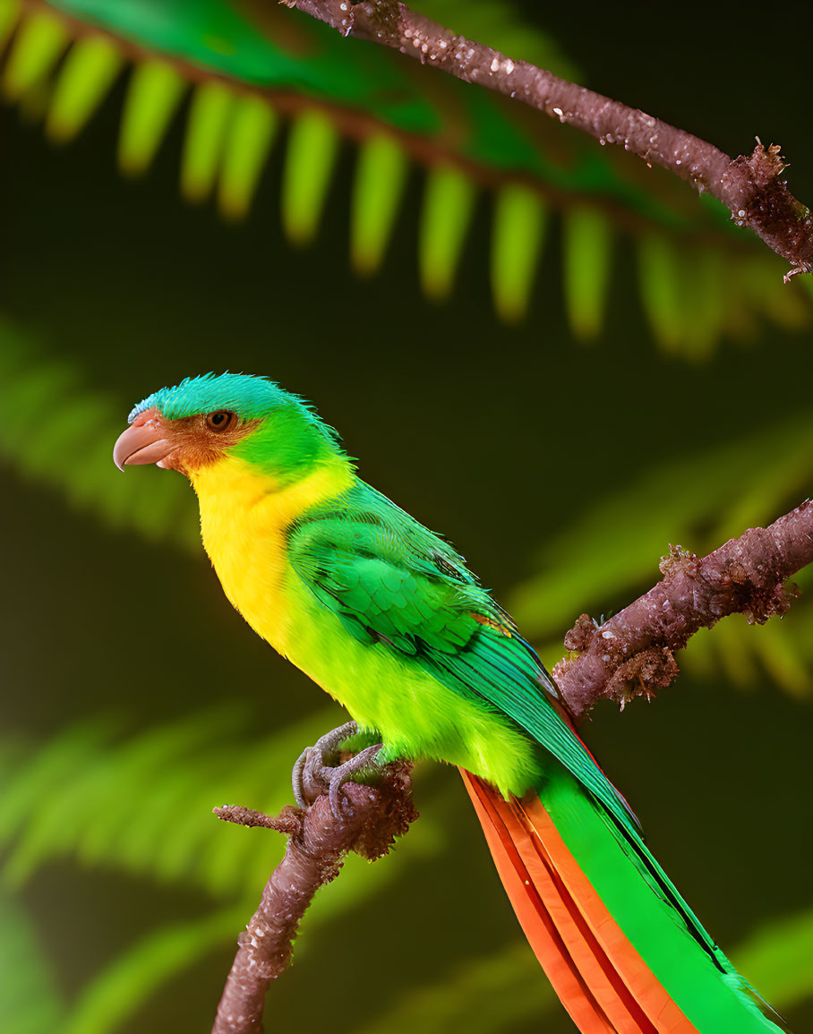 Colorful Parrot Perched on Branch with Fern Leaves