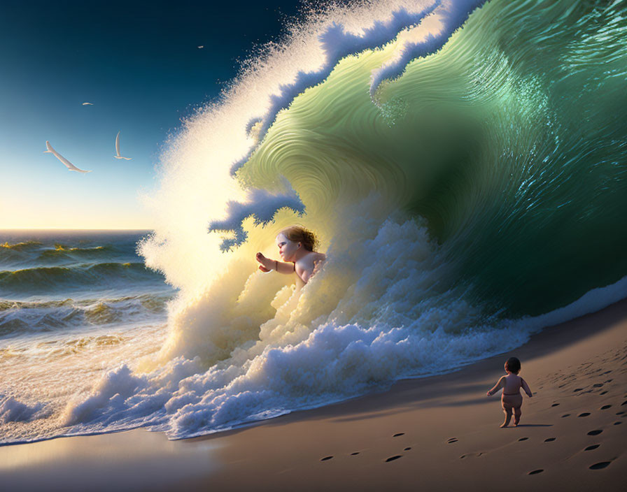 Surreal image: toddler surfing huge wave, child on beach under golden sky