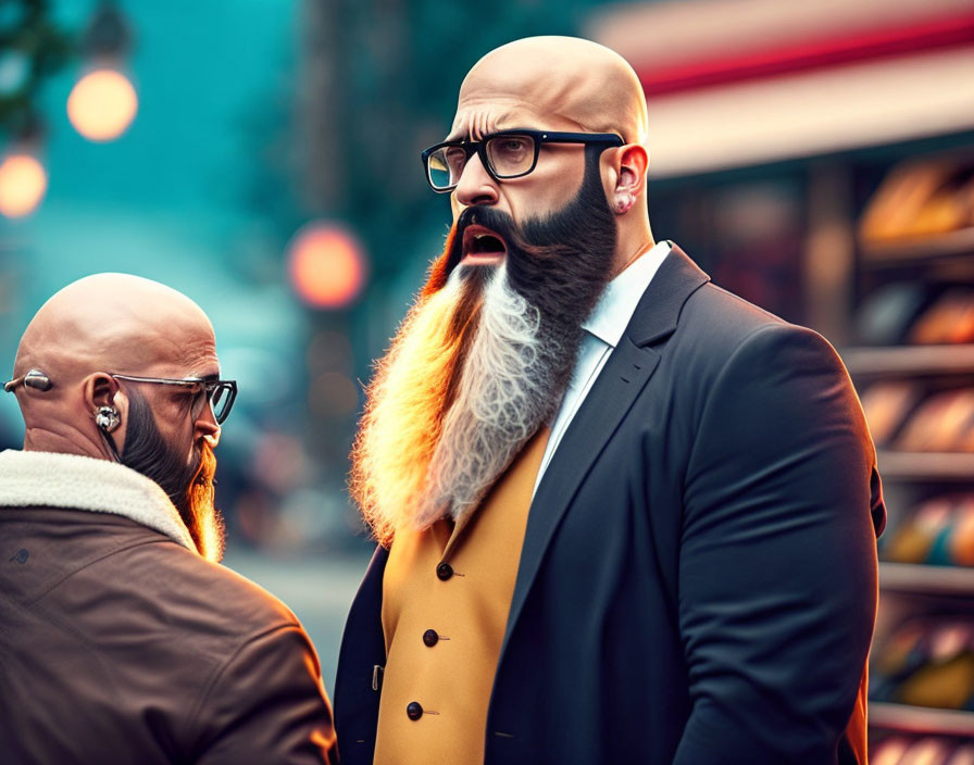 White-bearded bald man in black suit and glasses looks surprised, reflection shows man in brown jacket.