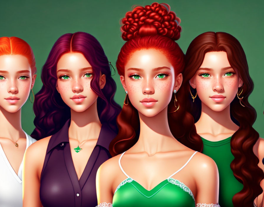 Four stylized female figures with varied hair colors and styles in elegant tops on a soft green backdrop.