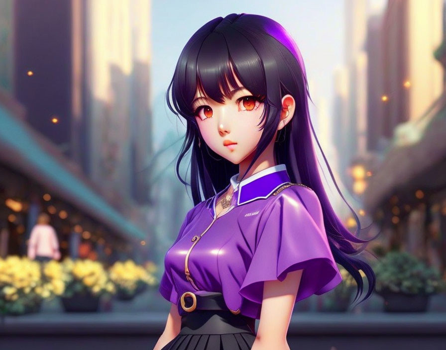 Digital artwork: Young woman with expressive eyes, dark hair, purple outfit, blurred cityscape.