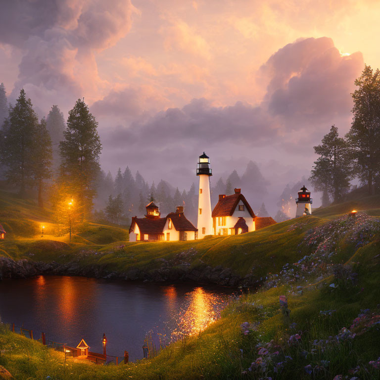 Serene lake at dusk with cozy cottages and lighthouse