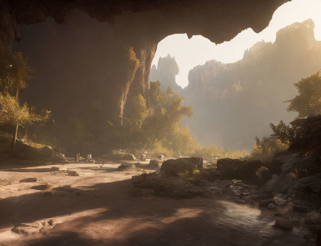 Natural cave with sunlight filtering through arch, rocky landscape, trees, and stream