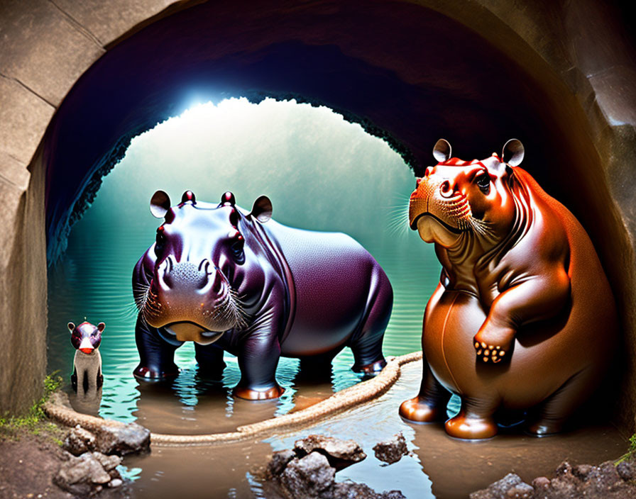 Stylized glossy hippos and a mouse at tunnel entrance with bright water