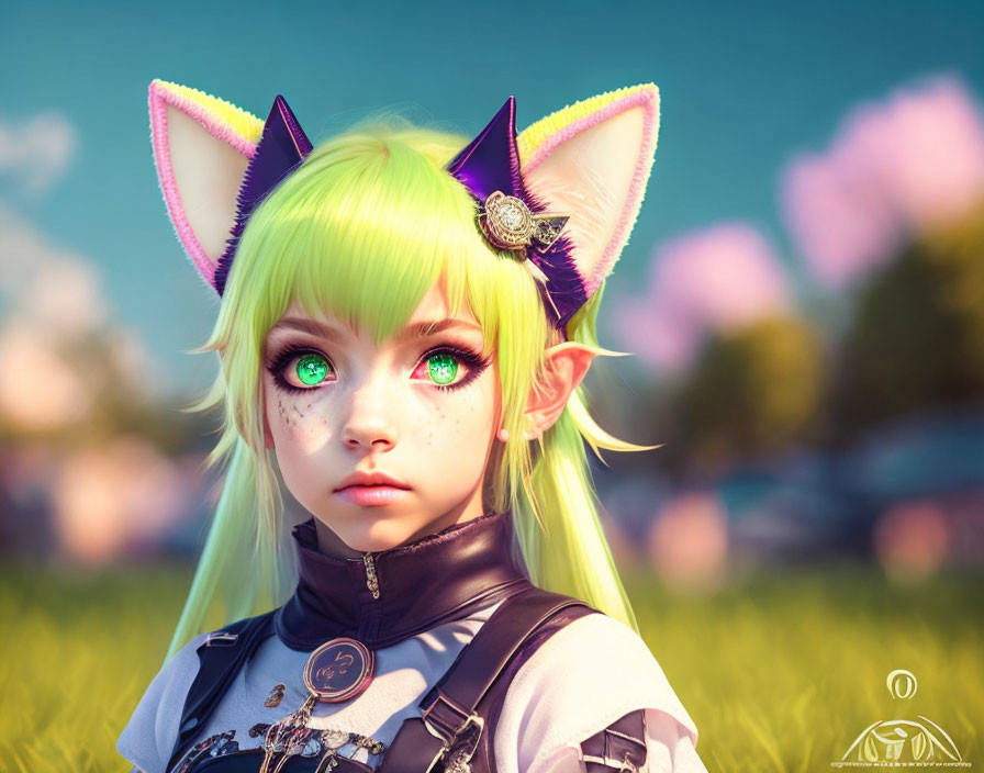 Digital artwork: Girl with cat ears, green eyes, neon hair in fantasy attire, pastoral setting.