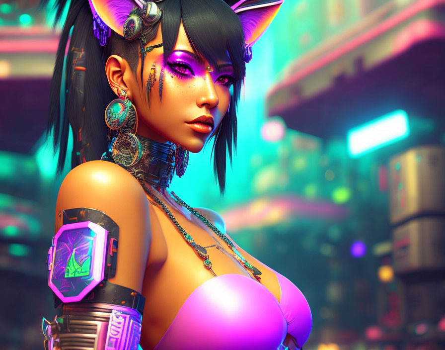 Feline-Eared Female Character with Cybernetic Enhancements in Neon Makeup