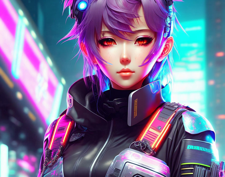 Futuristic digital artwork of female character with purple hair and red eyes in cyberpunk cityscape