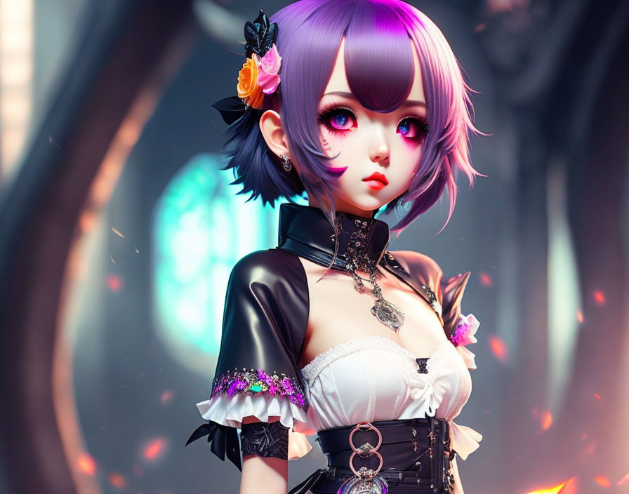 Purple-haired anime character in gothic outfit among whimsical forest.