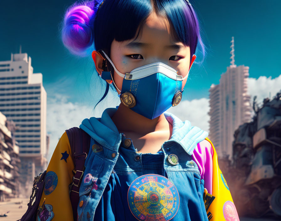 Blue-haired girl in mask against dystopian backdrop