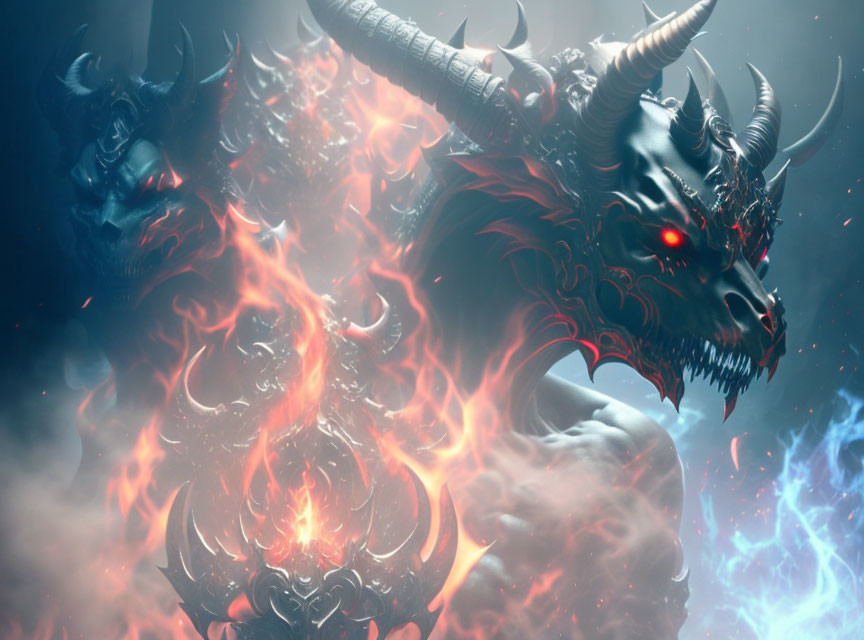 Two menacing dragons in flames and lightning on a smoky background