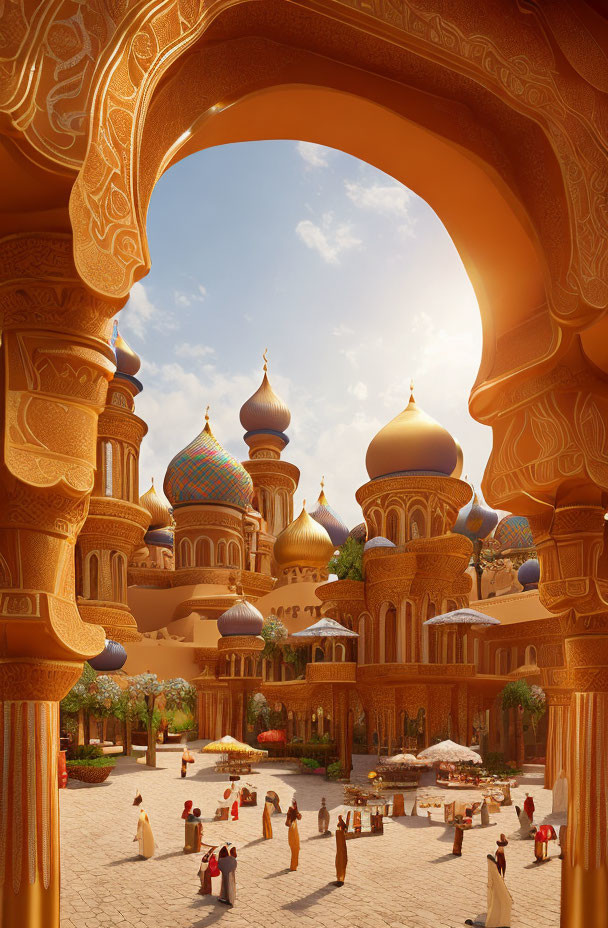 Arched entrance overlooking vibrant market square with colorful buildings