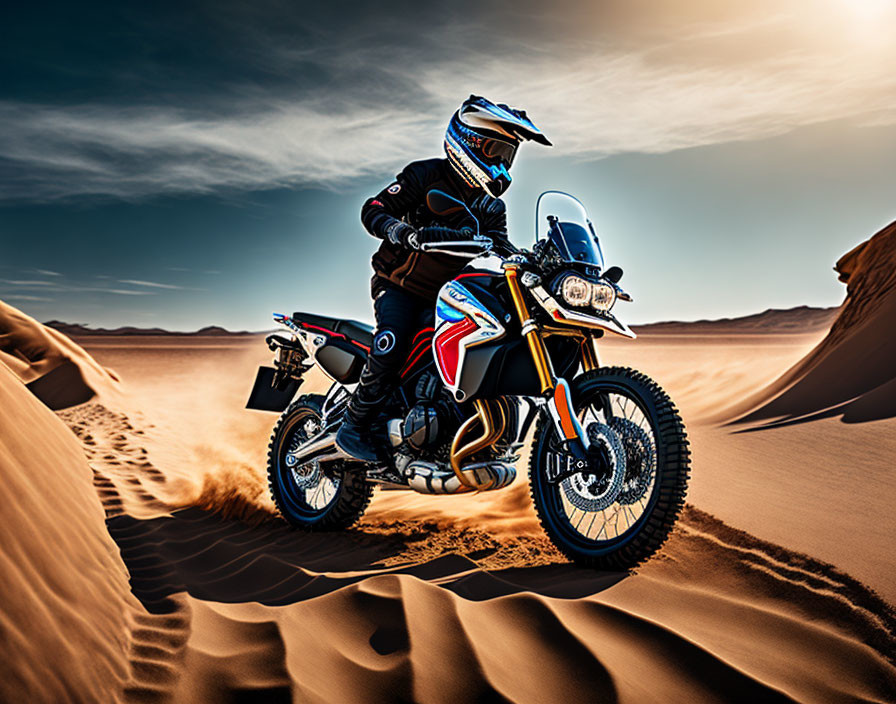 Off-Road Motorcycle Rider in Full Gear Crossing Desert Dunes