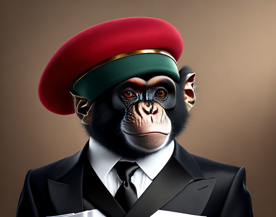 Chimpanzee in Suit and Beret Against Brown Background