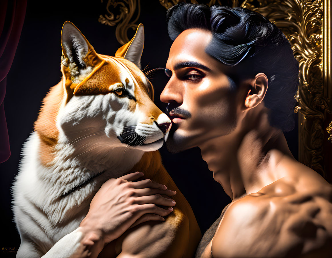 Photorealistic portrait: man with mustache and Shiba Inu touching noses on luxurious dark backdrop